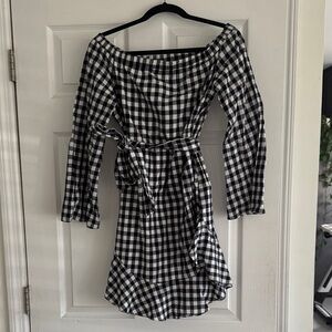 Black & White Gingham Off-Shoulder Tie-Waist Dress